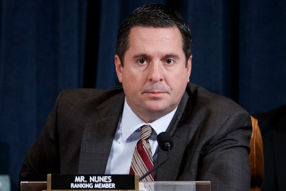 PHOTO: Rep. Devin Nunes during testimony by Jennifer Williams and Alexander Vindman on Capitol Hill in Washington, Nov. 19, 2019, during a public impeachment hearing of President Donald Trump.