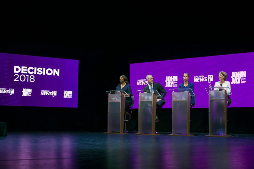 PHOTO: From left, Letitia James, Sean Patrick Maloney, Leecia Eve and Zephyr Teachout debate for New York State Attorney General during a Democratic Primary at John Jay College of Criminal Justice, Aug. 28, 2018.