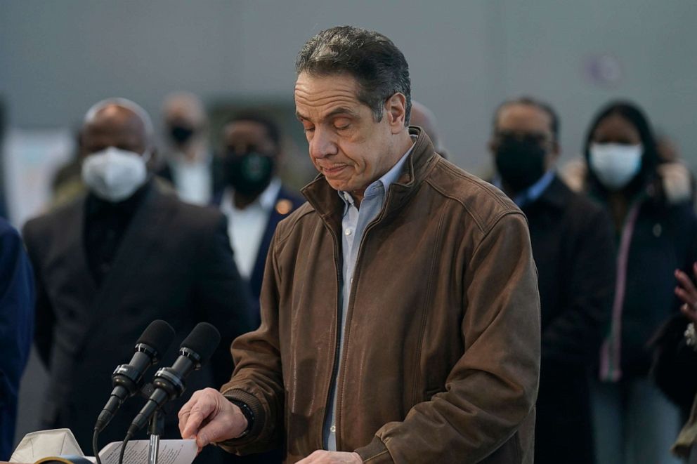 New York Gov. Andrew Cuomo speaks at a vaccination site on Monday, March 8, 2021, in New York. 