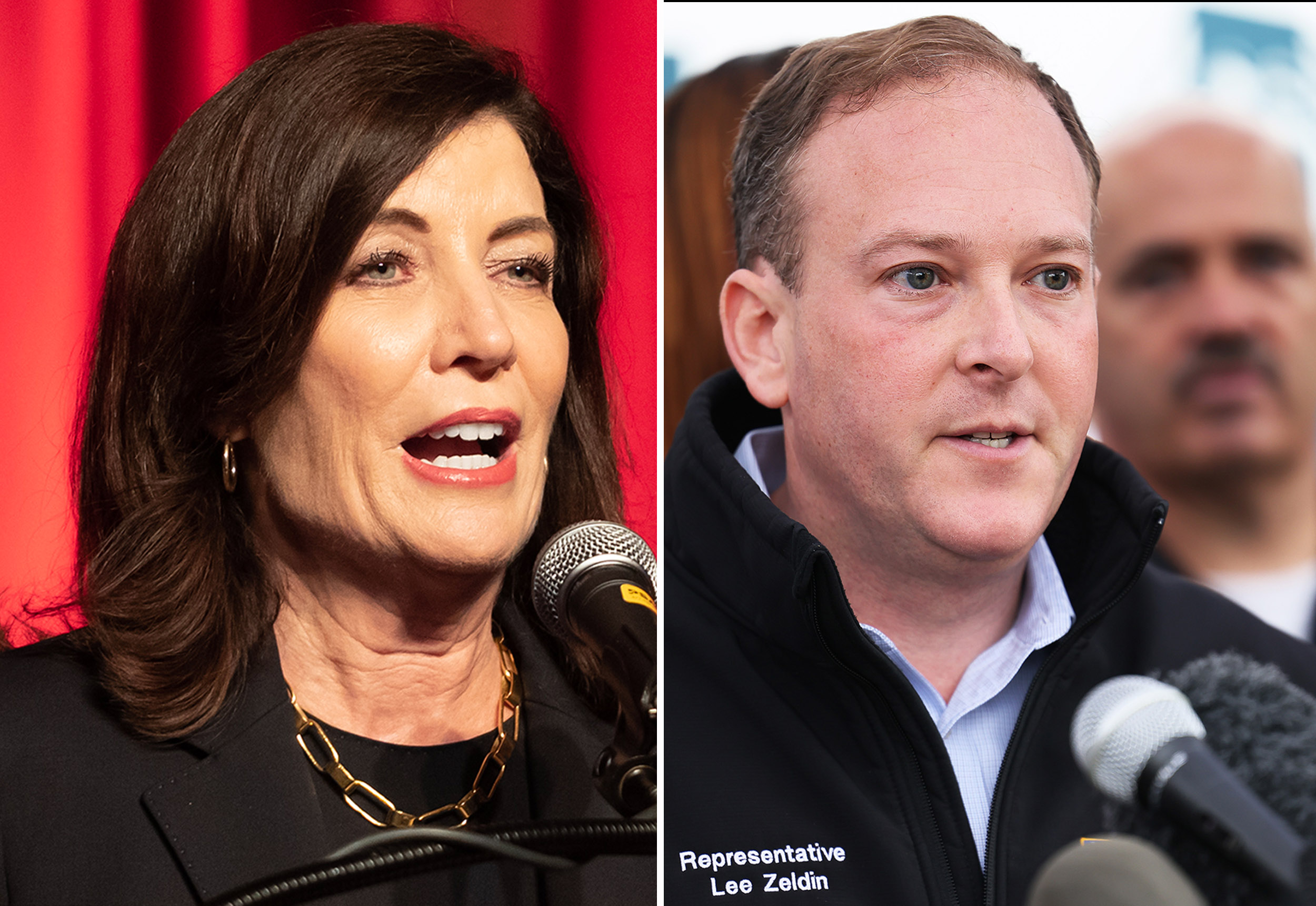 PHOTO: Governor Kathy Hochul speaks at the Civil Service Employees Association Convention   in New York, Oct. 26, 2022; Lee Zeldin speaks during a press conference at the entrance to the Rikers Island jail on Oct. 24, 2022 in New York.