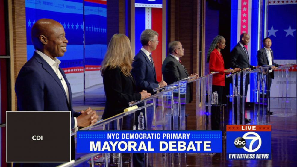 PHOTO: Democratic candidates for New York City Mayor take part in a mayoral debate organized by WABC in New York, June 2, 2021.