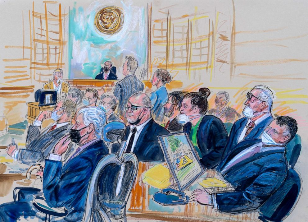 PHOTO: This artist sketch depicts the trial of Oath Keepers leader Stewart Rhodes and four others charged with seditious conspiracy in the Jan. 6, 2021, Capitol attack, in Washington, D.C., Oct. 6, 2022.