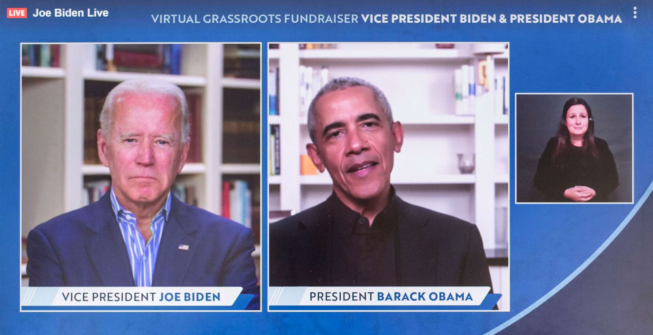 PHOTO: A screen grab of former Vice President Joe Biden and Former President Barack Obama at a grass roots fundraiser for the Biden 2020 presidential campaign, June 23, 2020, in Wilmington, Del.