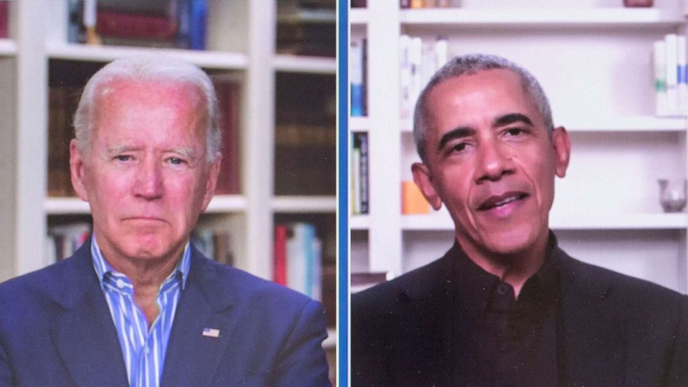PHOTO: A screen grab of former Vice President Joe Biden and Former President Barack Obama at a grass roots fundraiser for the Biden 2020 presidential campaign, June 23, 2020, in Wilmington, Del.