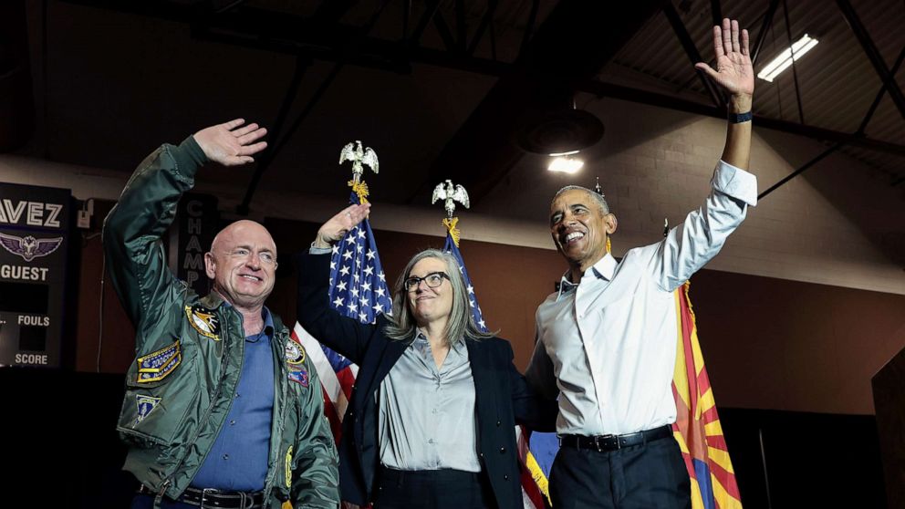 PHOTO: Former President Barack Obama campaigns with Sen. Mark Kelly and Democratic Governor nominee Katie Hobbs at Cesar Chavez High School, Nov. 2, 2022, in Phoenix.