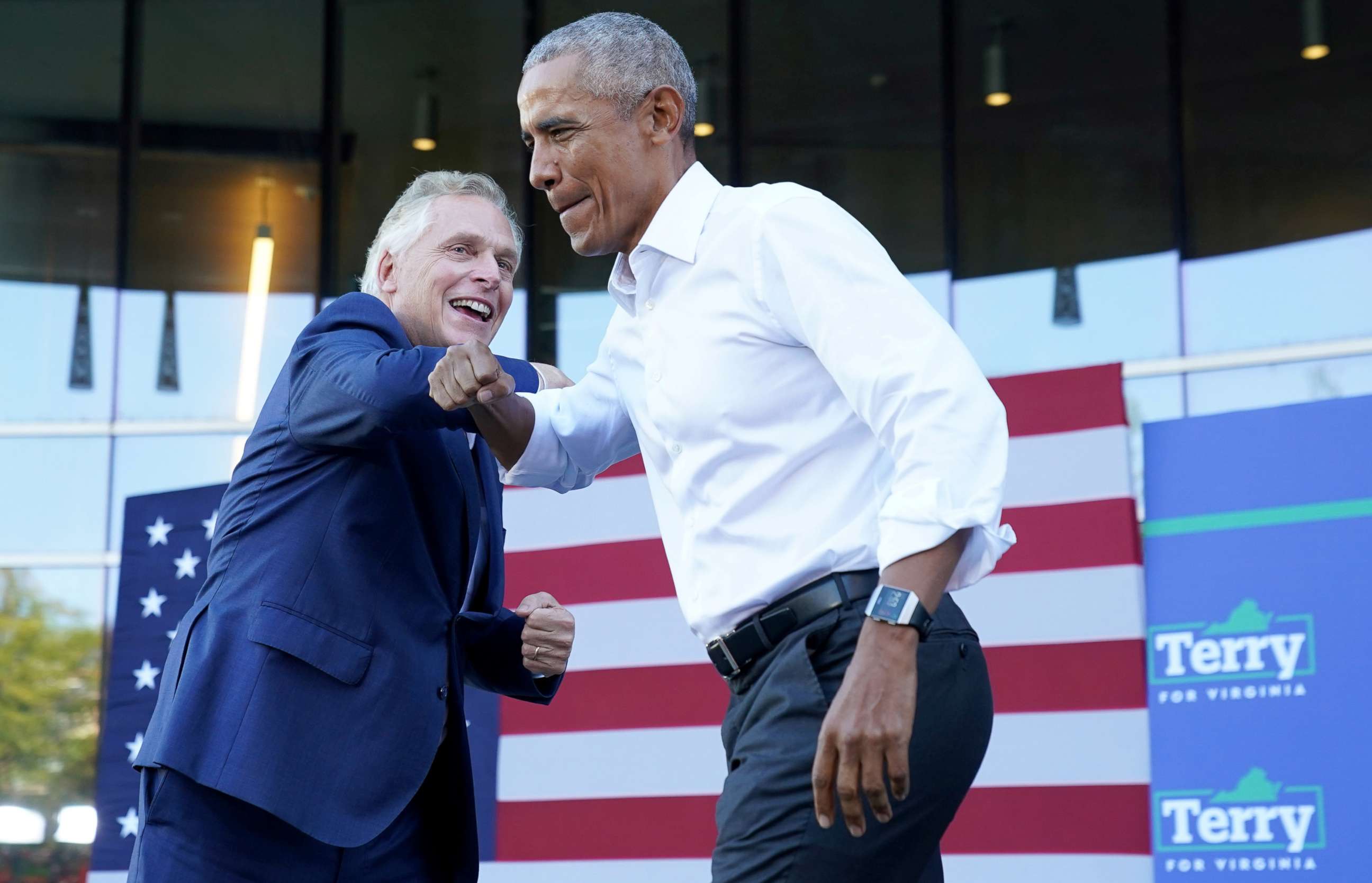 PHOTO: Virginia Democratic gubernatorial candidate Terry McAuliffe welcomes former President Barack Obama during his campaign rally in Richmond, Va. Oct. 23, 2021. 