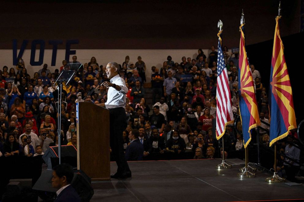 PHOTO: Former President Barack Obama speaks during a campaign event supporting Senator Mark Kelly and Democratic Gubernatorial candidate for Arizona Katie Hobbs, in Phoenix, Nov. 2, 2022.