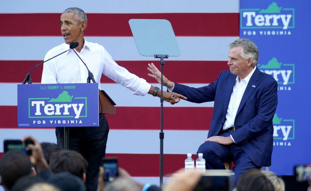 PHOTO: Former President Barack Obama speaks during a campaign rally for Virginia Democratic gubernatorial candidate Terry McAuliffe in Richmond, Va., Oct. 23, 2021. 