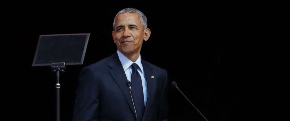 PHOTO: Barack Obama delivers his speech at the 16th Annual Nelson Mandela Lecture at the Wanderers Stadium in Johannesburg, South Africa, July 17, 2018.