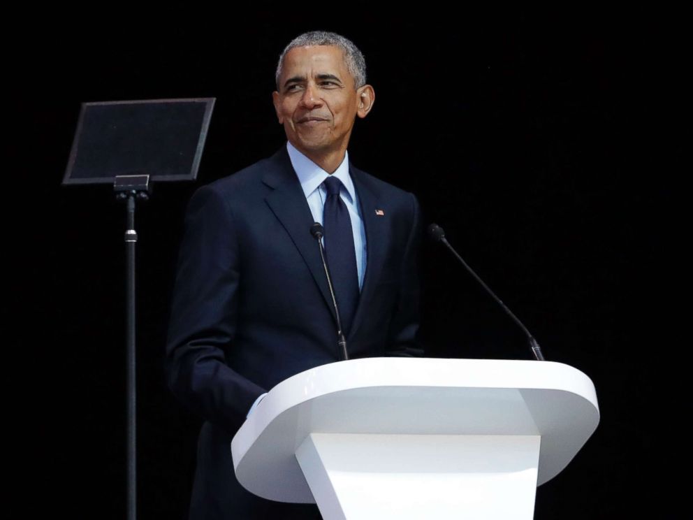 PHOTO: Barack Obama delivers his speech at the 16th Annual Nelson Mandela Lecture at the Wanderers Stadium in Johannesburg, South Africa, July 17, 2018.
