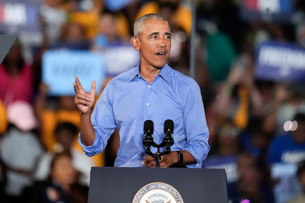 PHOTO: Former President Barack Obama speaks during a campaign rally supporting Democratic presidential nominee Vice President Kamala Harris on Oct. 24, 2024, in Clarkston, Ga.