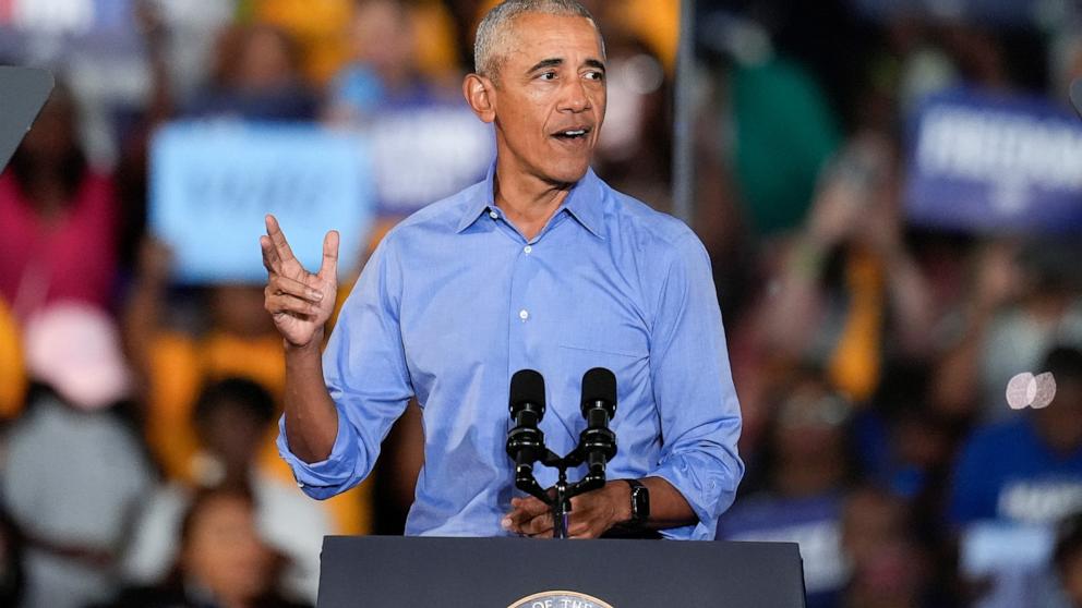 PHOTO: Former President Barack Obama speaks during a campaign rally supporting Democratic presidential nominee Vice President Kamala Harris on Oct. 24, 2024, in Clarkston, Ga.