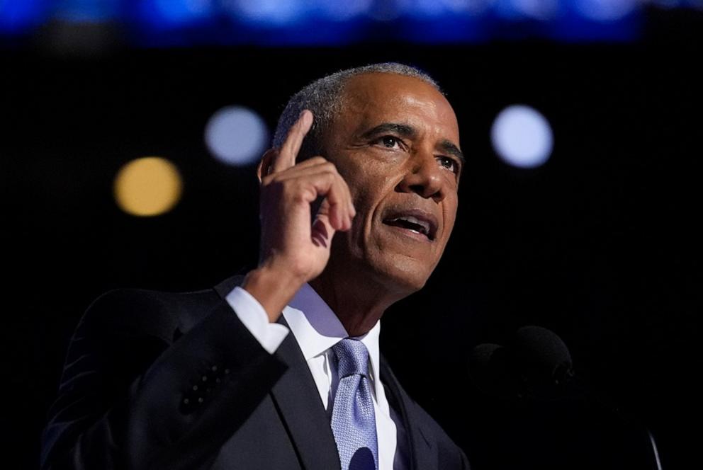 PHOTO: Former President Barack Obama speaks during the Democratic National Convention, Aug. 20, 2024, in Chicago. 