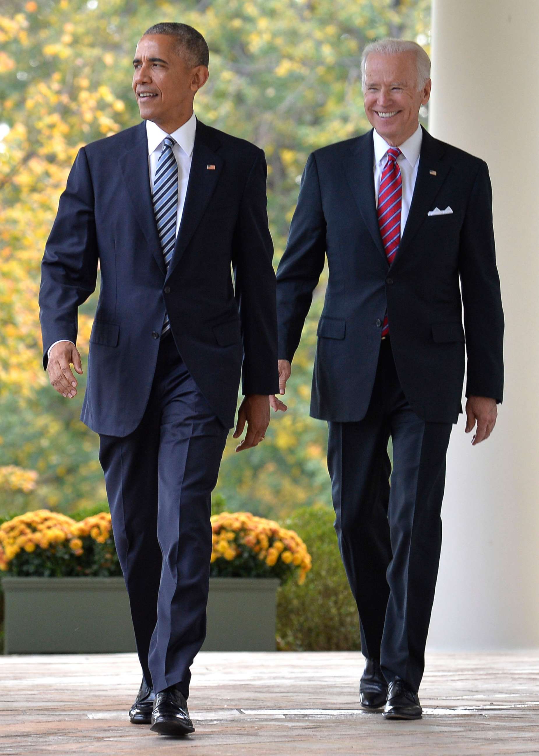 PHOTO: President Barack Obama (L) walks out of the Oval Office with Vice President Joe Biden to make remarks on Republican President-elect Donald J. Trump's presidential victory, at the White House, November 9, 2016, in Washington, D.C.