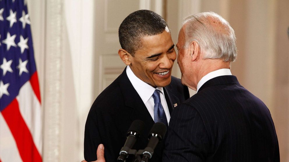 PHOTO: President Barack Obama is embraced by Vice President Joe Biden before signing the Affordable Health Care for America Act during a ceremony in the East Room of the White House March 23, 2010 in Washington, DC.