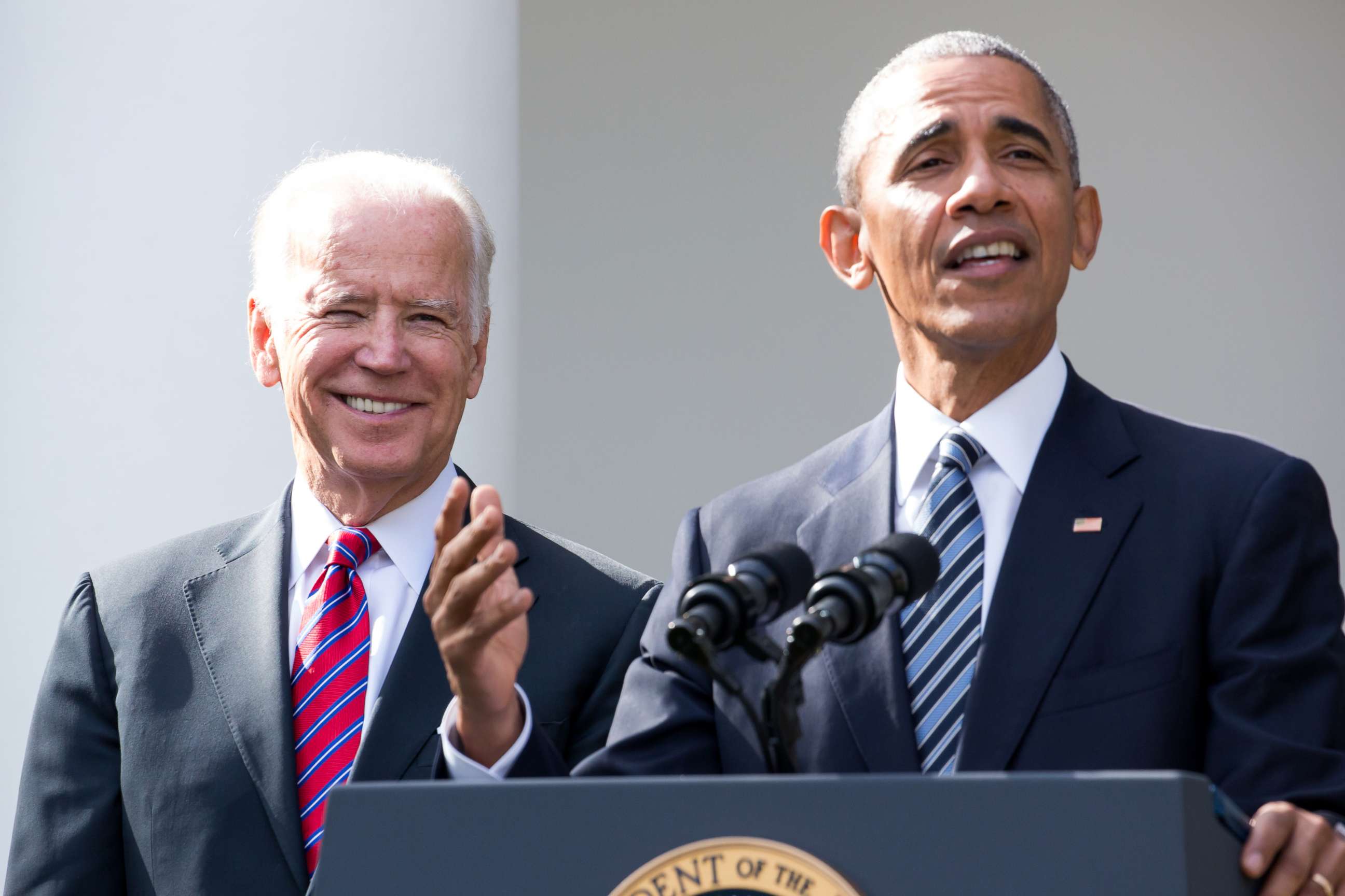 PHOTO: President Barack Obama, right, speaks as Vice President Joe Biden stands in the Rose Garden at the White House, Nov. 9, 2016.