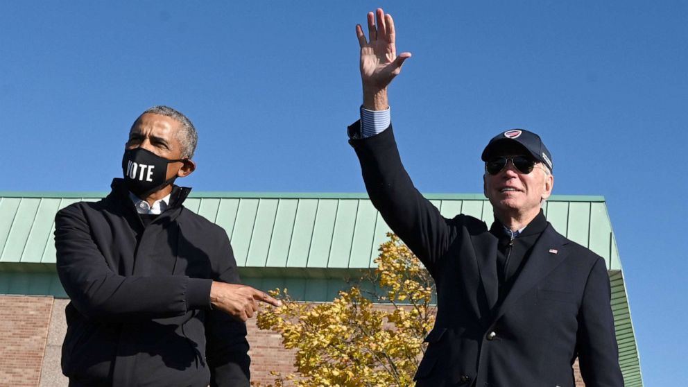 PHOTO: Former President Barack Obama joins Democratic presidential candidate Joe Biden at a campaign event in Flint, Michigan, Oct. 31, 2020.