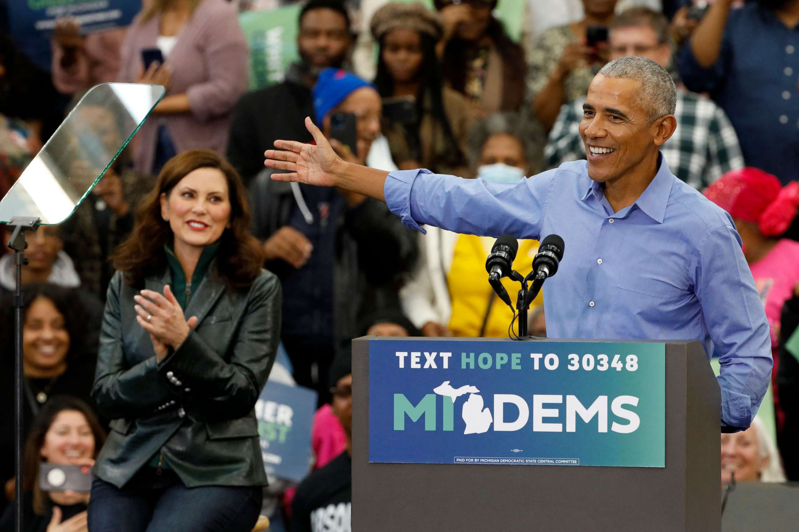 PHOTO: Former President Barack Obama campaigns for Michigan Governor Gretchen Whitmer during a "Get Out the Vote Rally" ahead of the midterm elections,at Renaissance High School in Detroit, Michigan, Oct. 29, 2022.