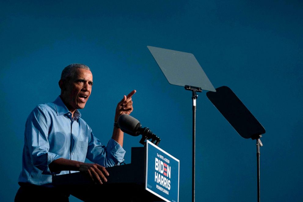 PHOTO: Former President Barack Obama addresses Biden-Harris supporters during a drive-in rally in Philadelphia, Oct. 21, 2020.