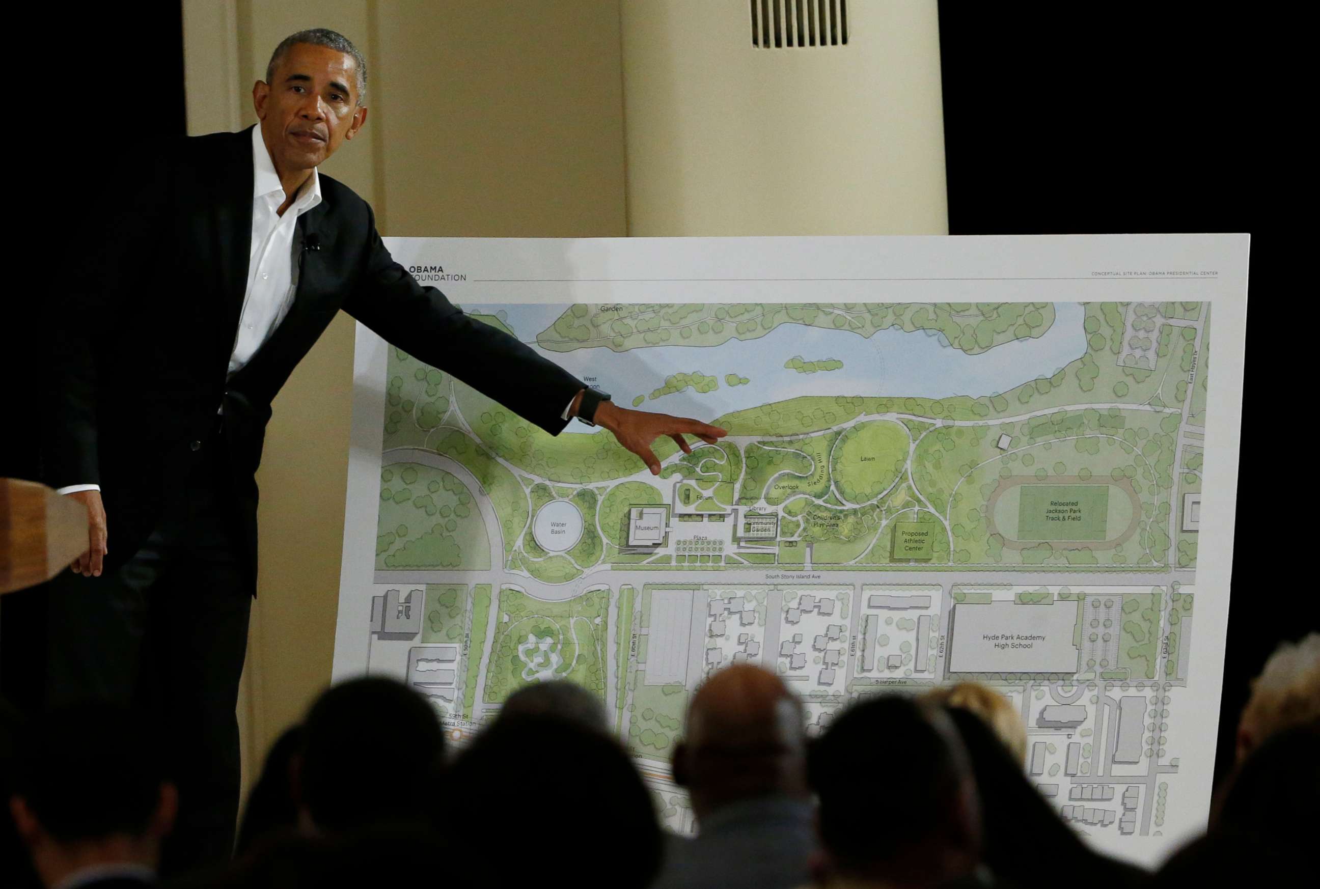 PHOTO: In this May 3, 2017, file photo, former President Barack Obama speaks near a rendering for the former president's lakefront presidential center at a community event on the Presidential Center at the South Shore Cultural Center in Chicago.
