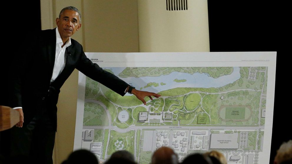 PHOTO: In this May 3, 2017, file photo, former President Barack Obama speaks near a rendering for the former president's lakefront presidential center at a community event on the Presidential Center at the South Shore Cultural Center in Chicago.