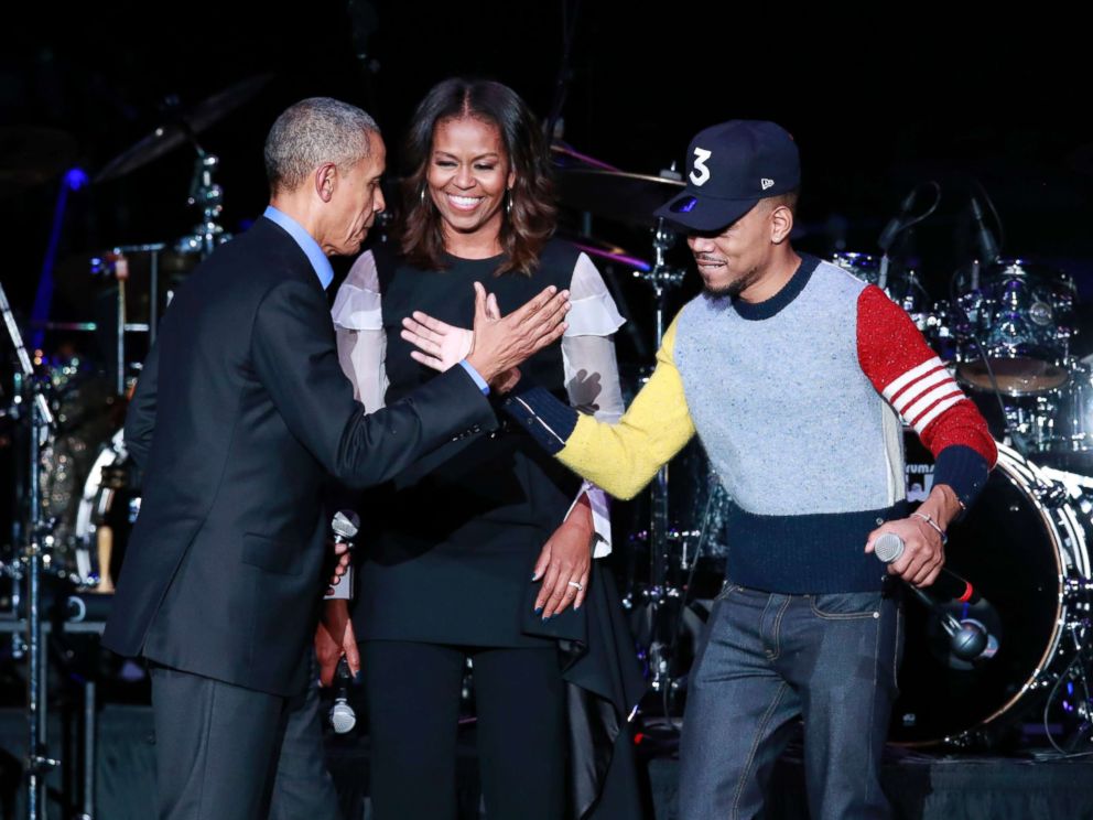 PHOTO: Chance the Rapper, with former President Barack Obama and Michelle Obama at Wintrust Arena in Chicago on Nov. 1, 2017.