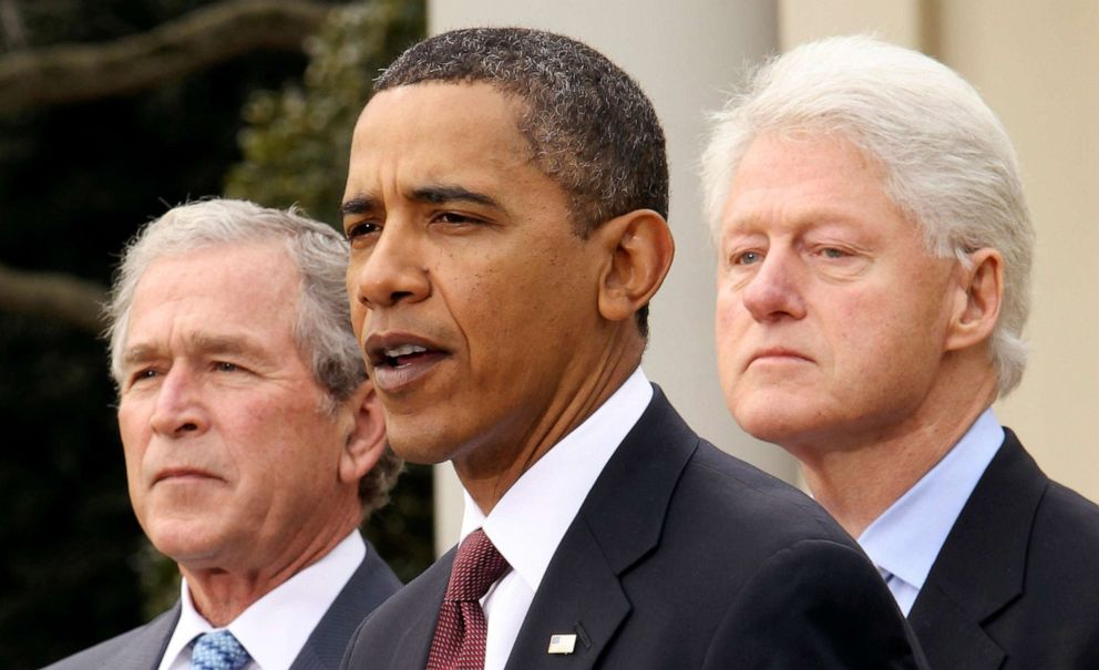 PHOTO: In this Jan. 16, 2020, file photo, President Barack Obama is joined by former Presidents George W. Bush and Bill Clinton in the Rose Garden of the White House in Washington, D.C.