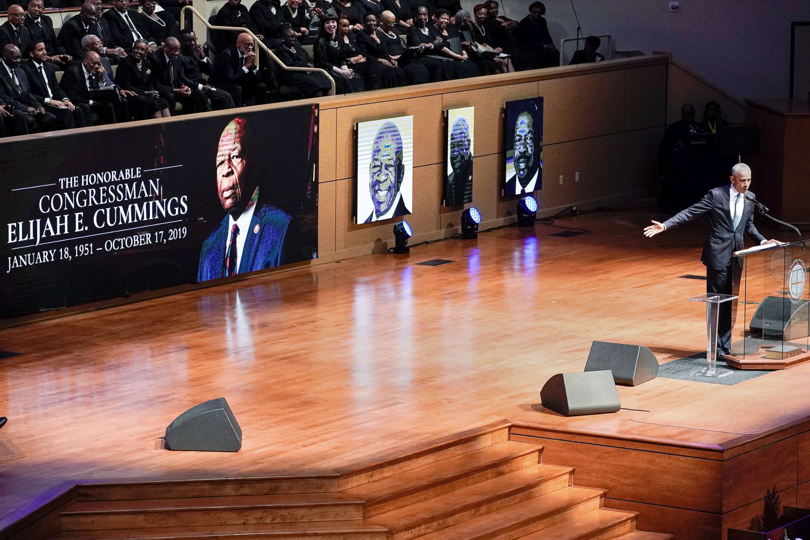 PHOTO: Former President Barack Obama speaks during funeral services for late Rep. Elijah Cummings at the New Psalmist Baptist Church in Baltimore, Oct. 25, 2019.