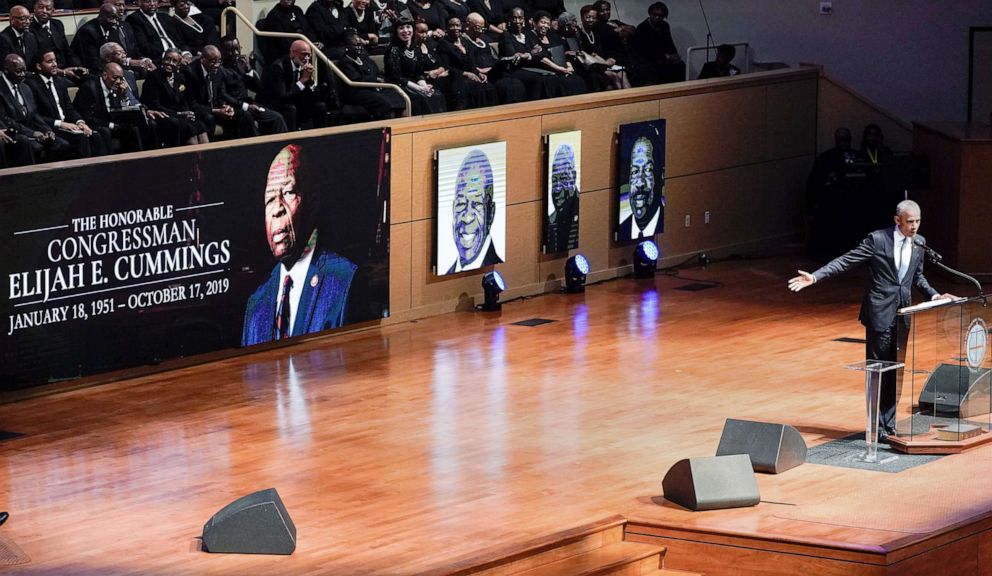 PHOTO: Former President Barack Obama speaks during funeral services for late Rep. Elijah Cummings at the New Psalmist Baptist Church in Baltimore, Oct. 25, 2019.