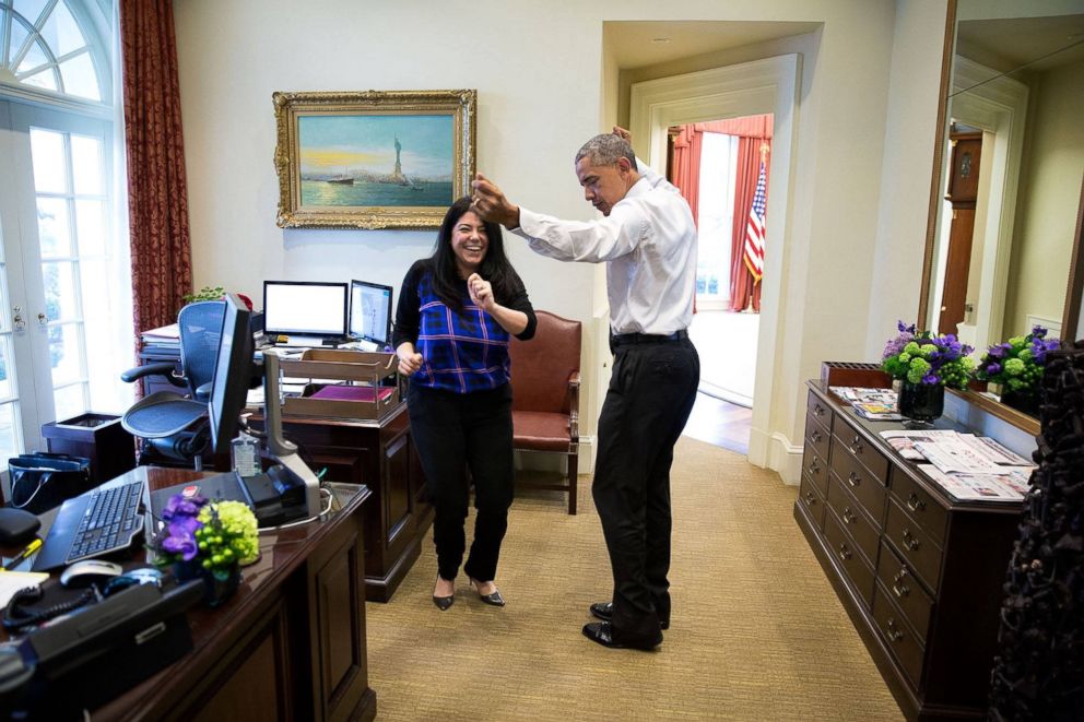 PHOTO: President Barack Obama dancing in the Outer Oval with Personal Aide Ferial Govashiri, March 16, 2016.