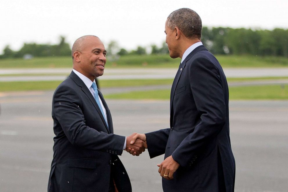 PHOTO: In this June 11, 2014, file photo, President Barack Obama is greeted by then-Massachusetts Gov. Deval Patrick, upon his arrival at Worcester Regional Airport in Worcester, Mass.