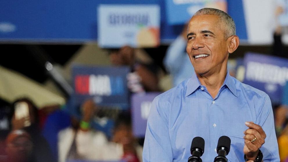 PHOTO: Former U.S. President Barack Obama attends a rally for Democratic presidential nominee U.S. Vice President Kamala Harris in Atlanta, Georgia, U.S., October 24, 2024.