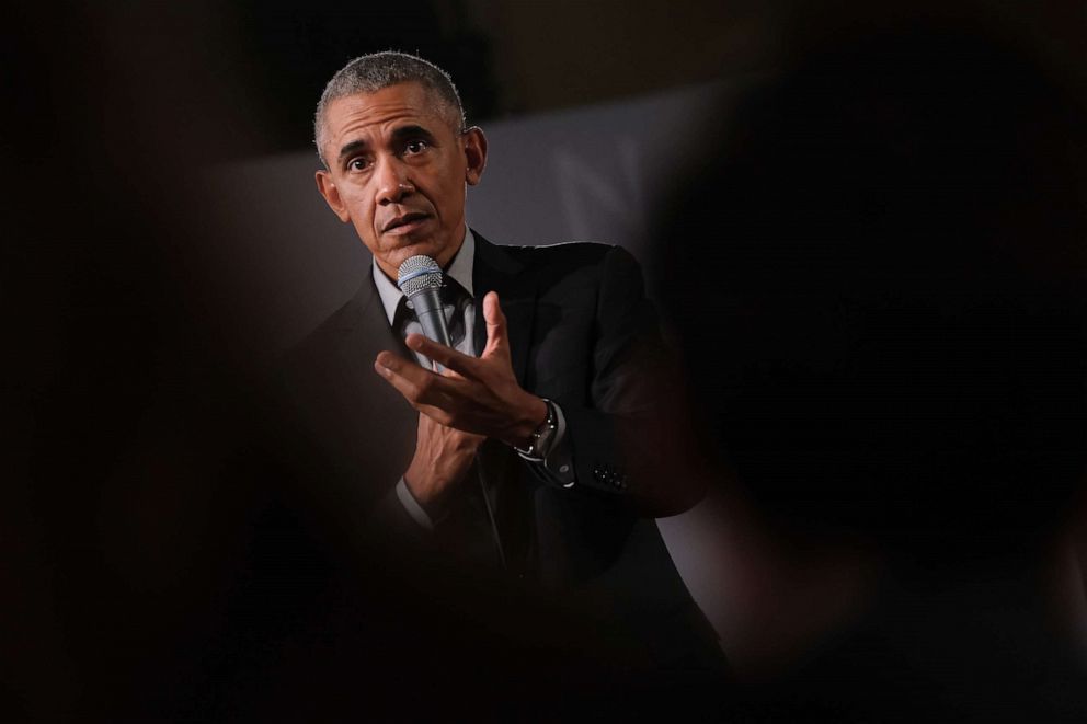 PHOTO: Former President Barack Obama speaks to young leaders from across Europe in a Town Hall-styled session, April 6, 2019, in Berlin. 