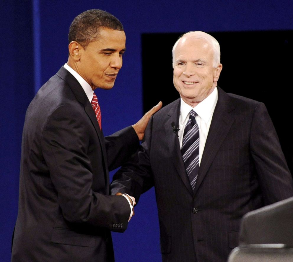 PHOTO: Republican presidential candidate John Mccain and democratic presidential candidate Barack Obama  greet each other at the start of the final presidential debate in Hempstead, New York, Oct. 15, 2008.