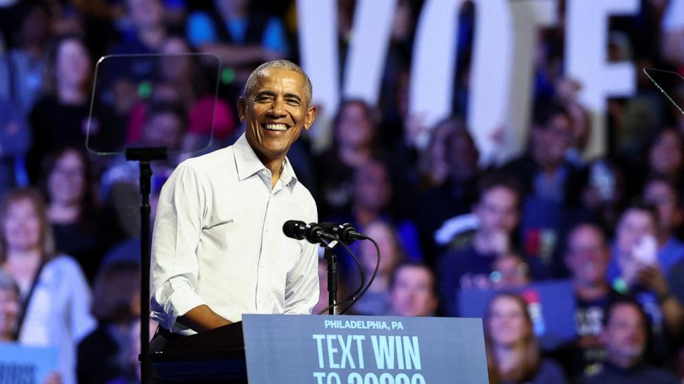 PHOTO: Former President Barack Obama reacts during a campaign rally for Democratic presidential nominee Vice President Kamala Harris in Philadelphia, Oct. 28, 2024. 