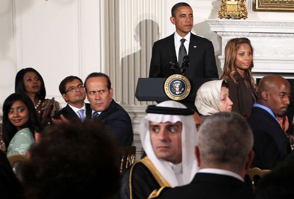 PHOTO: President Barack Obama pauses as he acknowledges Muslim 9/11 families during an Iftar dinner in the State Dining Room of the White House, Aug. 10, 2011 in Washington.