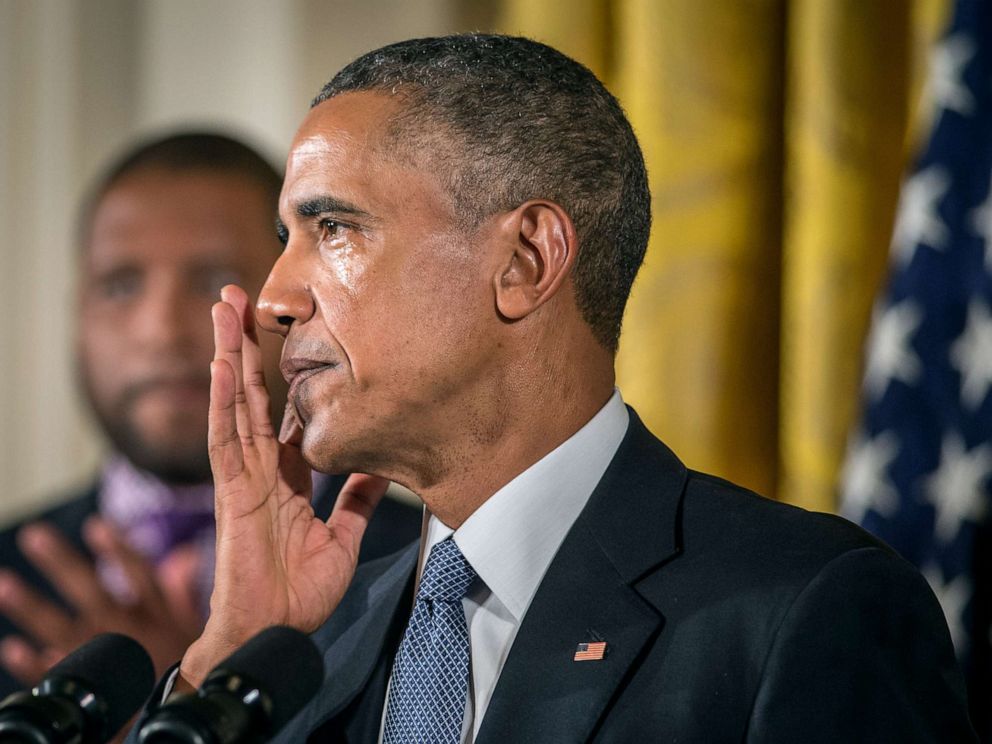 PHOTO: President Barack Obama wipes away tears as he talks about needless shootings at Sandy Hook Elementary school during a press briefing in the East Room of the White House, Jan. 5, 2015, in Washington D.C.