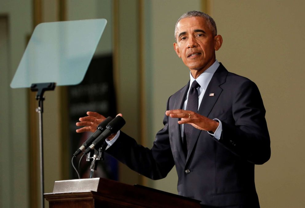 PHOTO: Former President Barack Obama speaks at the University of Illinois Urbana-Champaign in Urbana, Ill., Sept. 7, 2018.