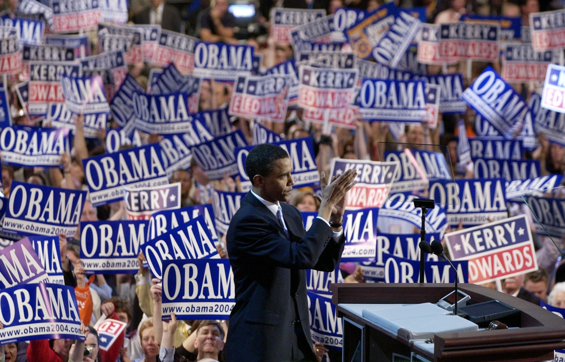 PHOTO: In this July 27, 2004, file photo, Barack Obama, then-candidate for the Senate from Illinois, speaks to delegates during the Democratic National Convention at the FleetCenter in Boston.