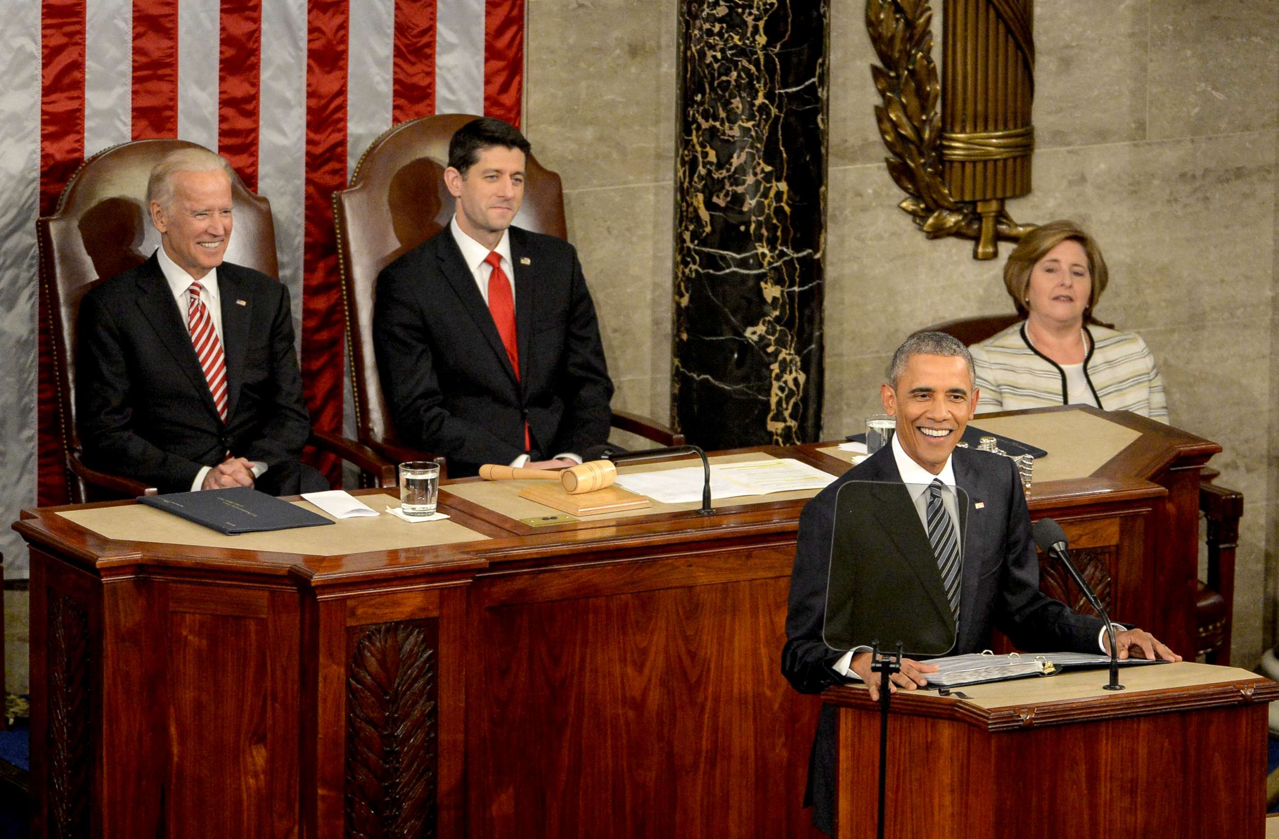 PHOTO: Vice President Joe Biden and Speaker of the House Rep. Paul Ryan listen as President Barack Obama speaks at the State of the Union before members of Congress in the House chamber of the U.S. Capitol, Jan. 12, 2016, in Washington, DC.