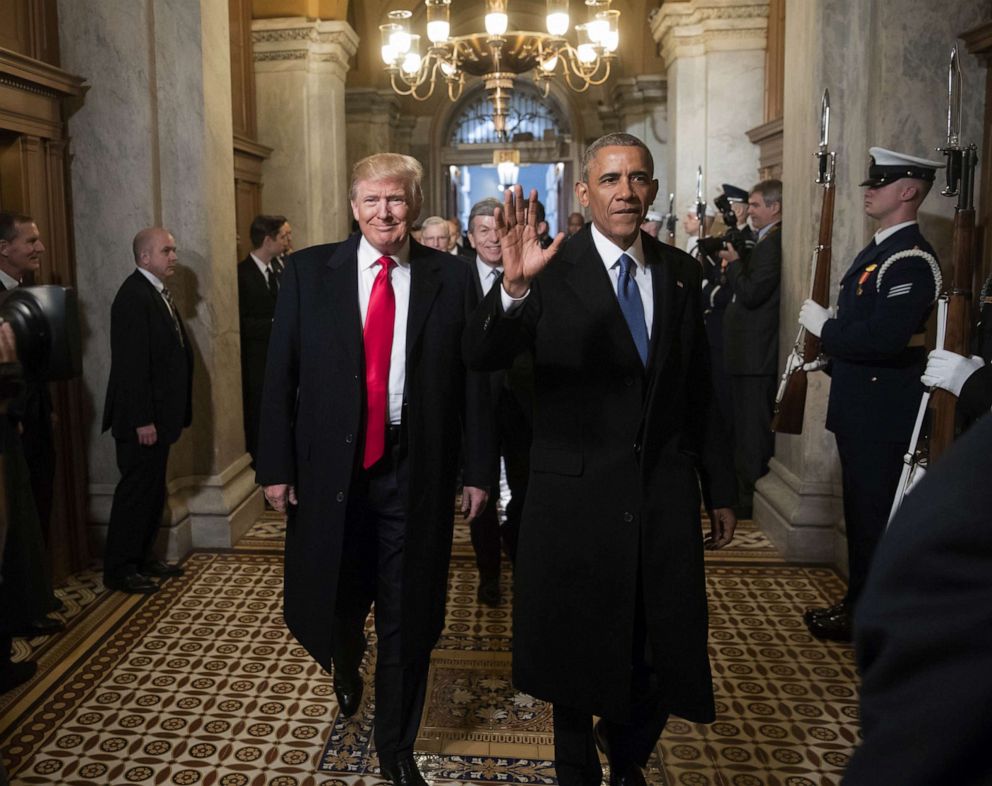 PHOTO: President-elect Donald Trump and former President Barack Obama arrive for Trump's inauguration ceremony at the Capitol, Jan, 20, 2017. 