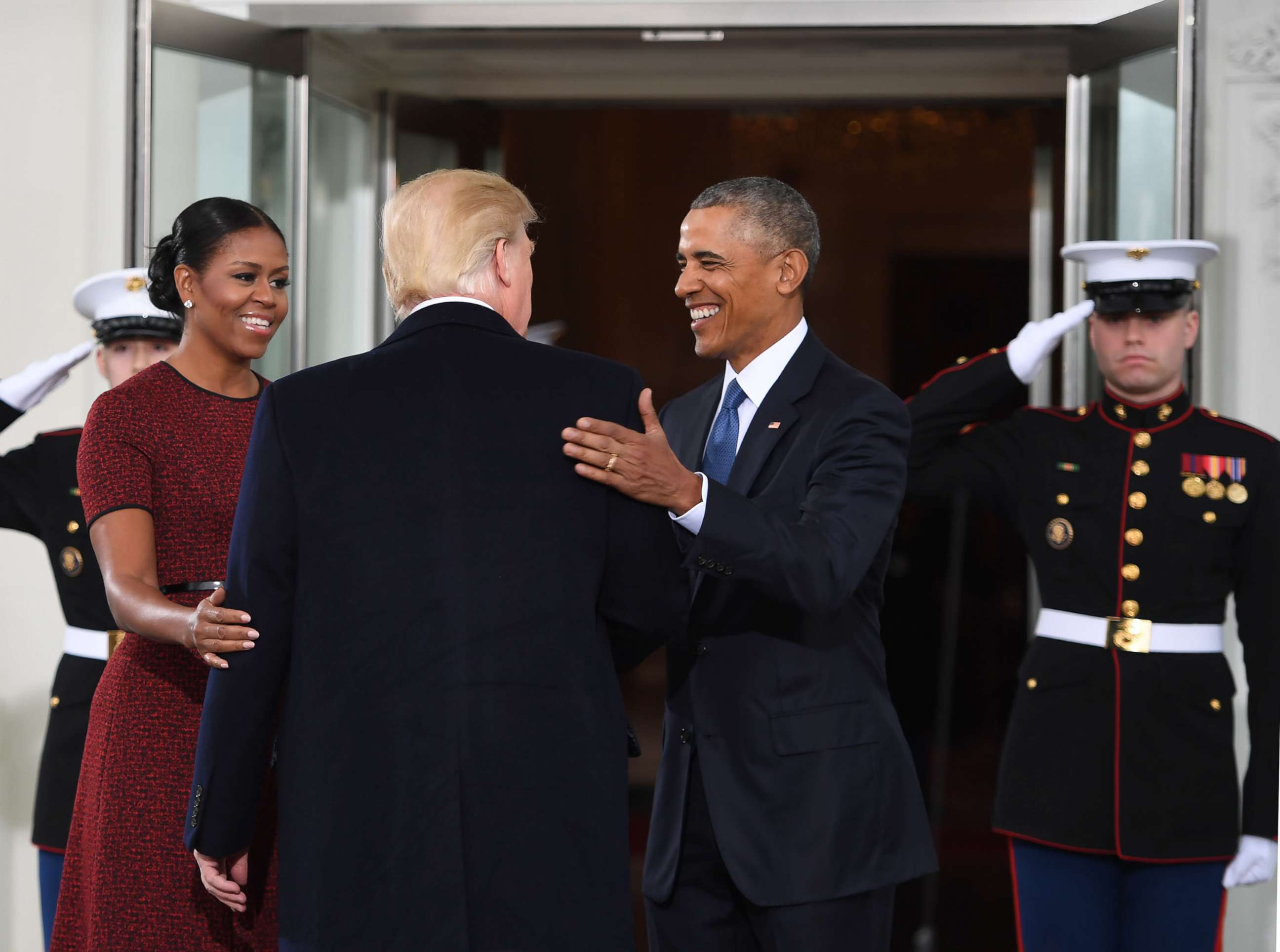 PHOTO: President-elect Donald Trump is greeted by President Barack Obama and first lady Michelle Obama as he arrives at the White House, Jan. 20, 2017.