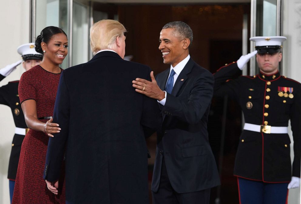 PHOTO: President-elect Donald Trump is greeted by President Barack Obama and first lady Michelle Obama as he arrives at the White House, Jan. 20, 2017.