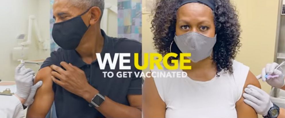 PHOTO: In this screen grab from a PSA encouraging people to get vaccinated, former President Barack Obama and former first lady Michelle Obama are shown getting vaccinated.