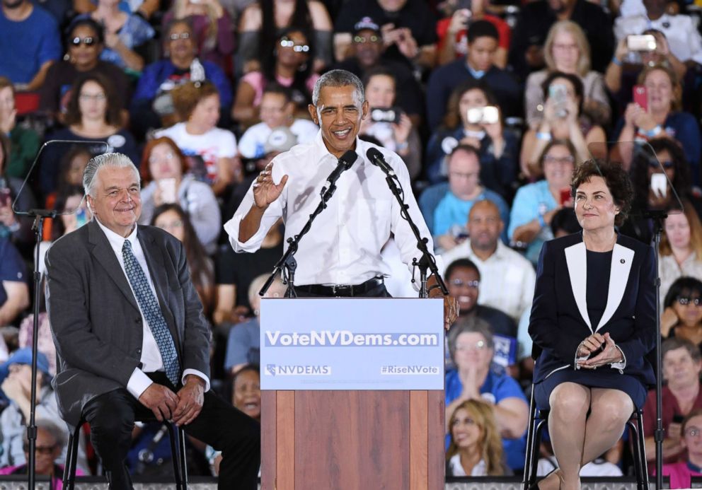 PHOTO: Former President Barack Obama speaks during a get-out-the-vote rally for Nevada Democratic candidates, Oct. 22, 2018, in Las Vegas.