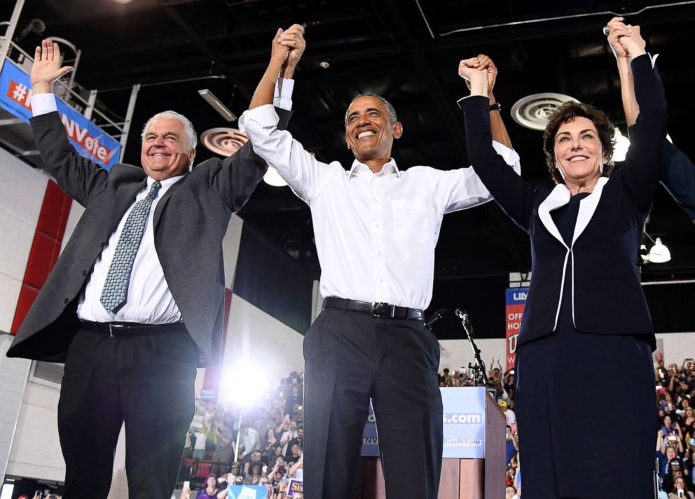 PHOTO: Clark County Commission Chairman and Democratic gubernatorial candidate Steve Sisolak, former President Barack Obama and U.S. Senate candidate Jacky Rosen at a get-out-the-vote rally at the Cox Pavilion, Oct. 22, 2018, in Las Vegas.