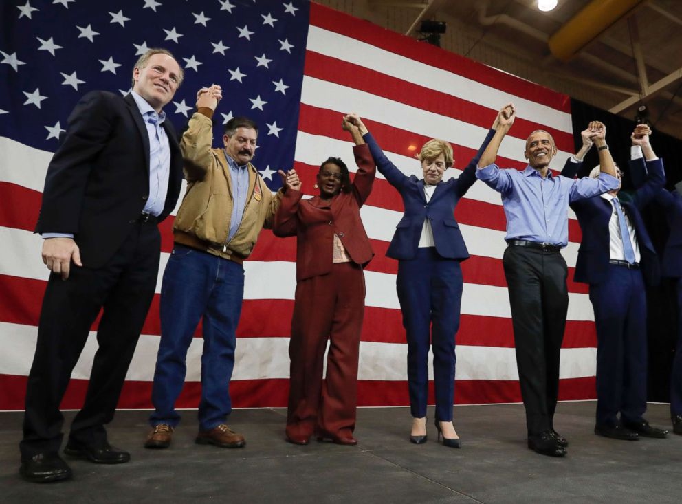 PHOTO: Former President Barack Obama poses with Democrats after speaking at a rally in support of Wisconsin Democratic candidates, Oct. 26, 2018, in Milwaukee.