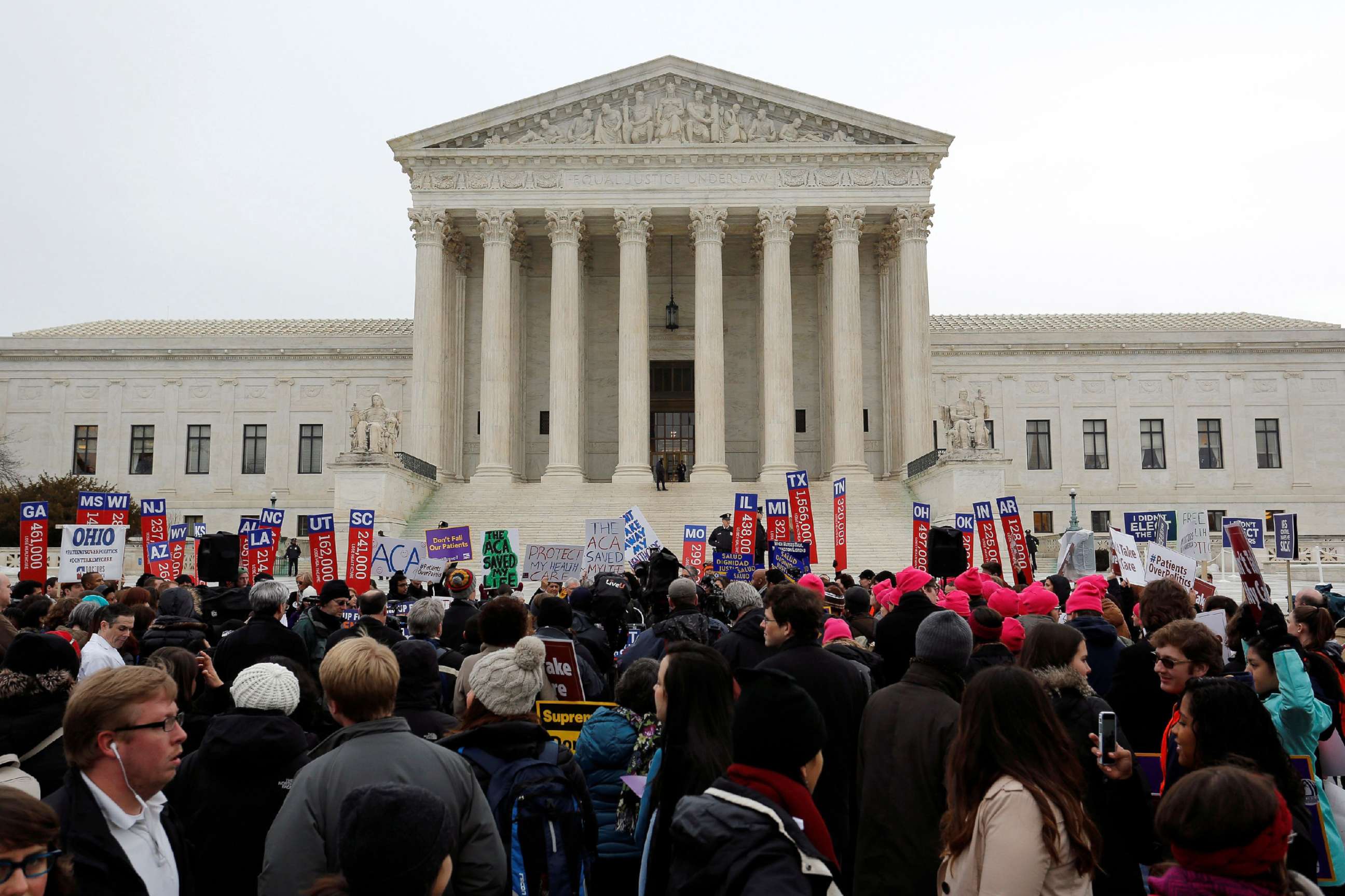 PHOTO: Demonstrators in favor of Obamacare gather at the Supreme Court building in Washington, March 4, 2015. 