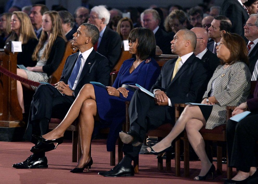 PHOTO: President Barack Obama, First Lady Michelle Obama, Massachusetts Governor Deval Patrick and his wife Diane Patrick attend the "Healing Our City: An Interfaith Service" at the Cathedral of the Holy Cross in Boston, April 18, 2013.