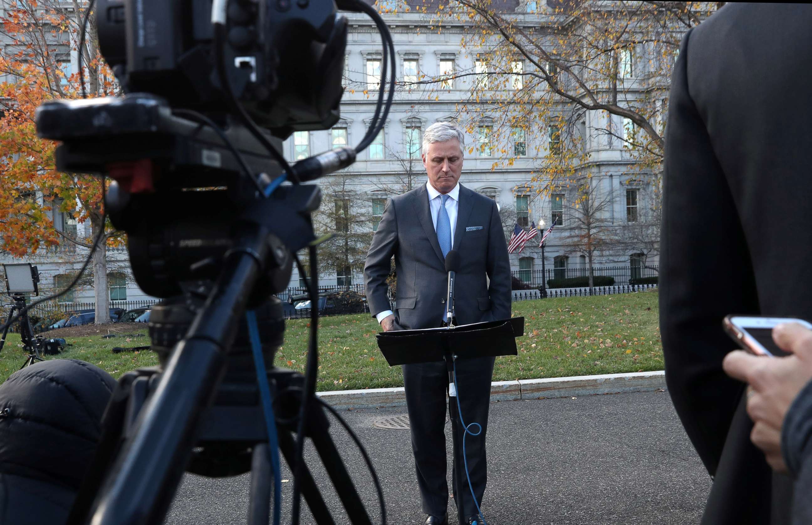 PHOTO: National security adviser Robert O'Brien speaks to the news media outside of the White House, Nov. 17, 2020.